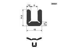 PROFIL TVAR U EPDM 70°Sh, 29501 - Sametka čierna, výška 11,5 x 12/6x3, 2 mm, 1360 Kg/m3