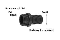 HADICOVÝ TŔŇ PP /IBC AG S60x6 - Kontajnerový tŕň Dn 50 mm s vonkajším IBC závitom, polypropylén